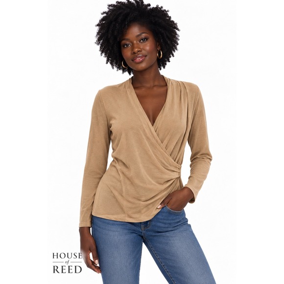 LOFT Sweaters - Ann Taylor Loft Womens Tan Faux Wrap Sweater Ruched V-Neck Top Medium 149704